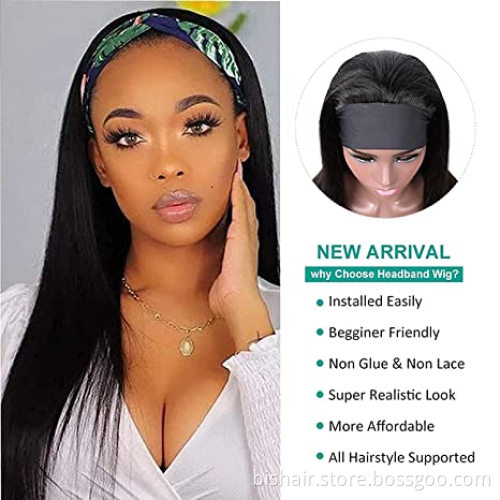 Straight Headband Wigs Human Hair for Black Women 24" Long Hair 10A Brazilian Virgin Hair 150% Density Glueless None Lace Front